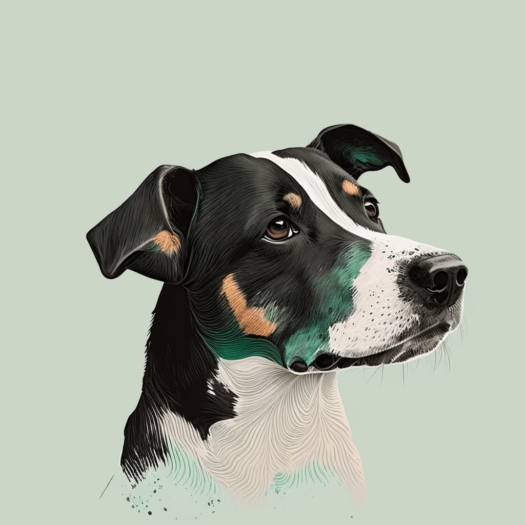 patchy black and white dog with floppy ears